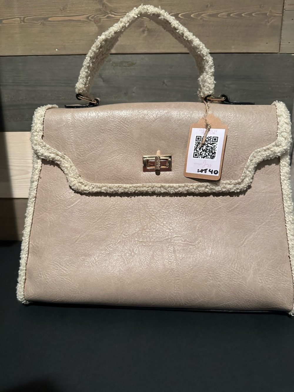 Chic Cream Faux Leather Top-Handle Bag with Sherpa Trim
